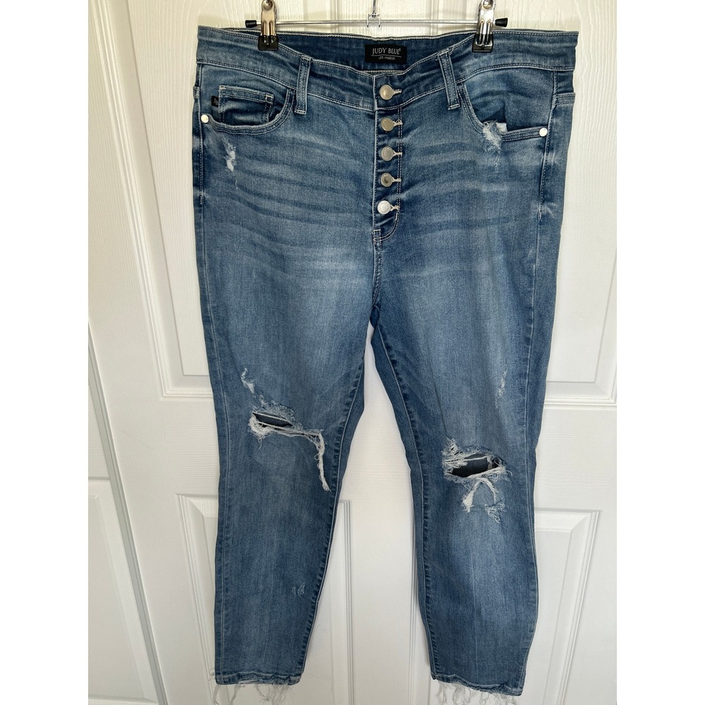 Judy Blue‎ Boyfriend Fit Distressed High Rise Button Fly Skinny Jeans Size 13/31